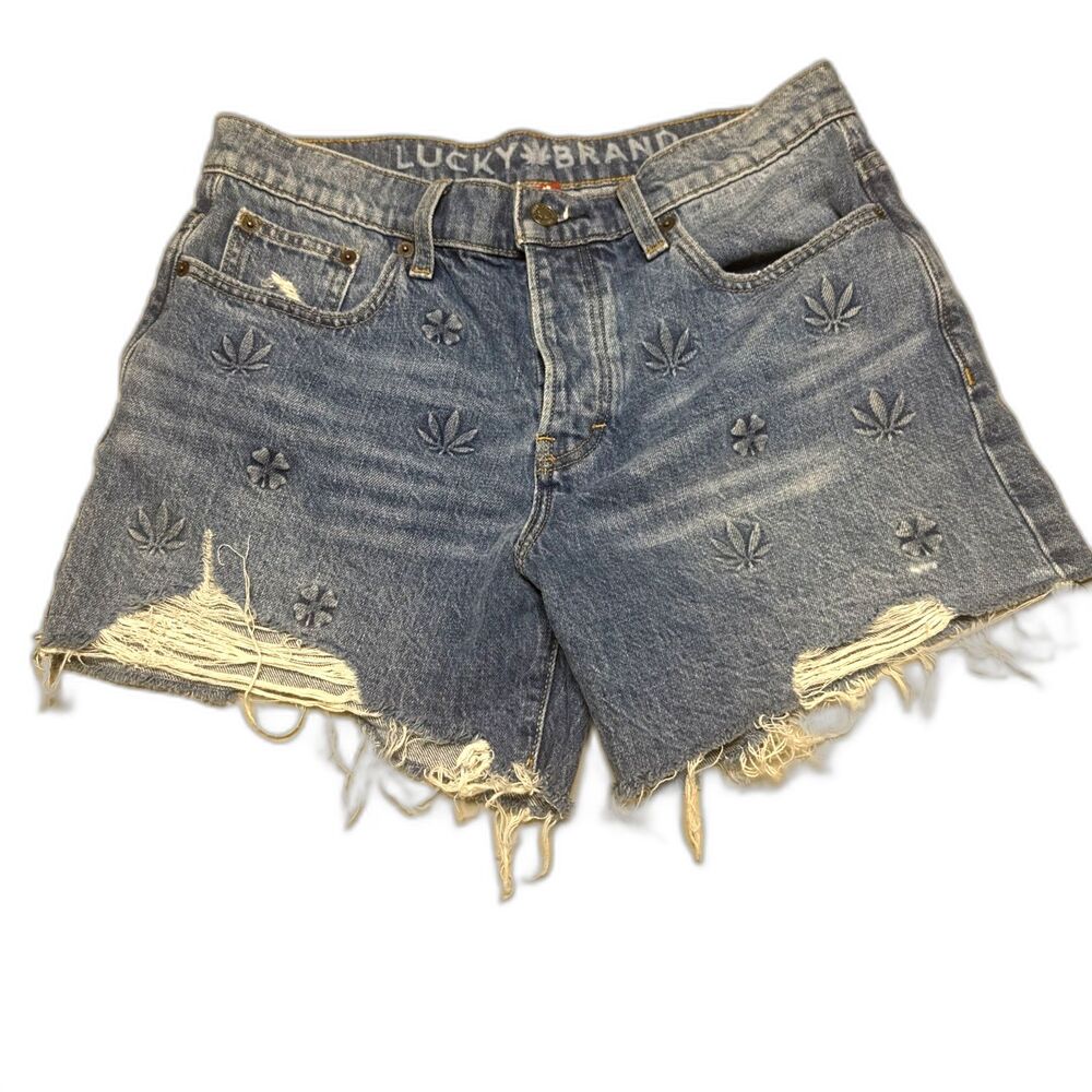 Lucky Brand 90s Midi Shorts Denim Embroidered Pot Leaf /Clover Blue Size 6/28